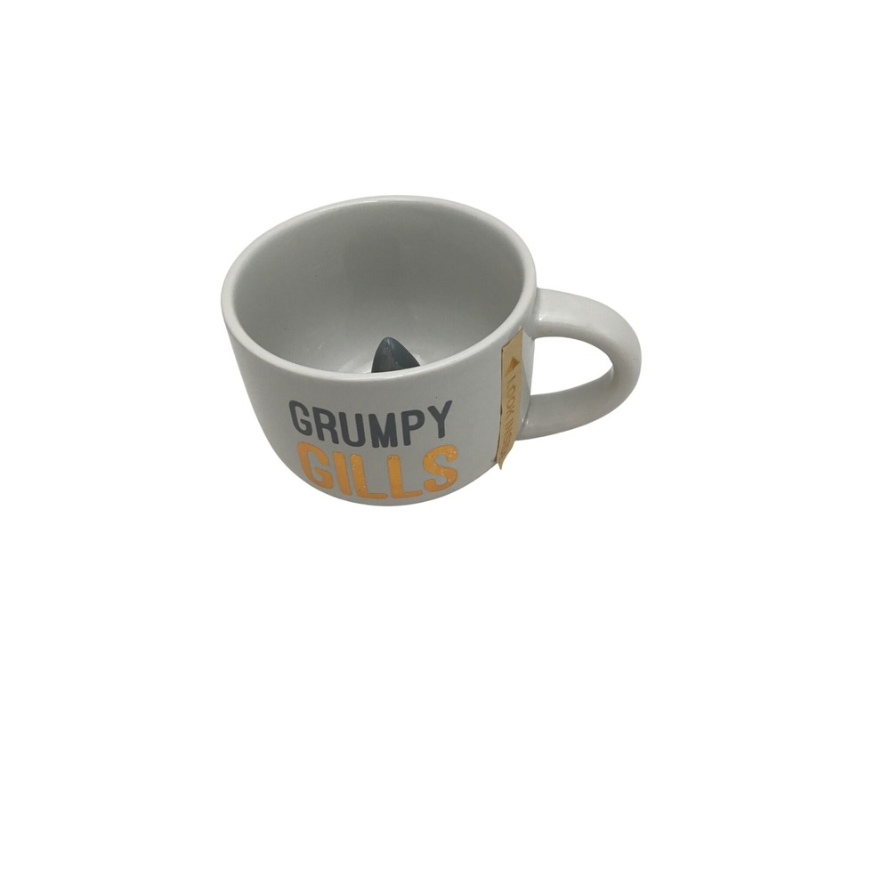 Hazel & Co Grumpy Gills Shark Hidden Surprise Ceramic Coffee Mug Gray Gold 3D